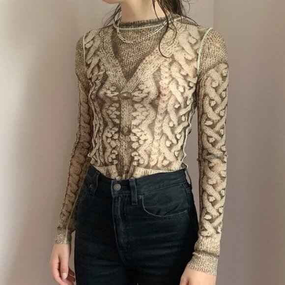 jean paul gaultier mesh long sleeve shirt with cardigan graphic - Picture 1 of 6